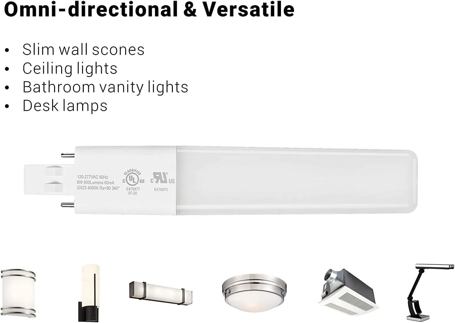 GX23 Base LED Bulbs, 6w(13w CFL Equivalent) LED Slim, 2-Pin PL Horizontal Recessed Lamp,for Wall Scones, Bathroom Vanity Light,Cool Light 5000k, UL Listed, 2 Pack