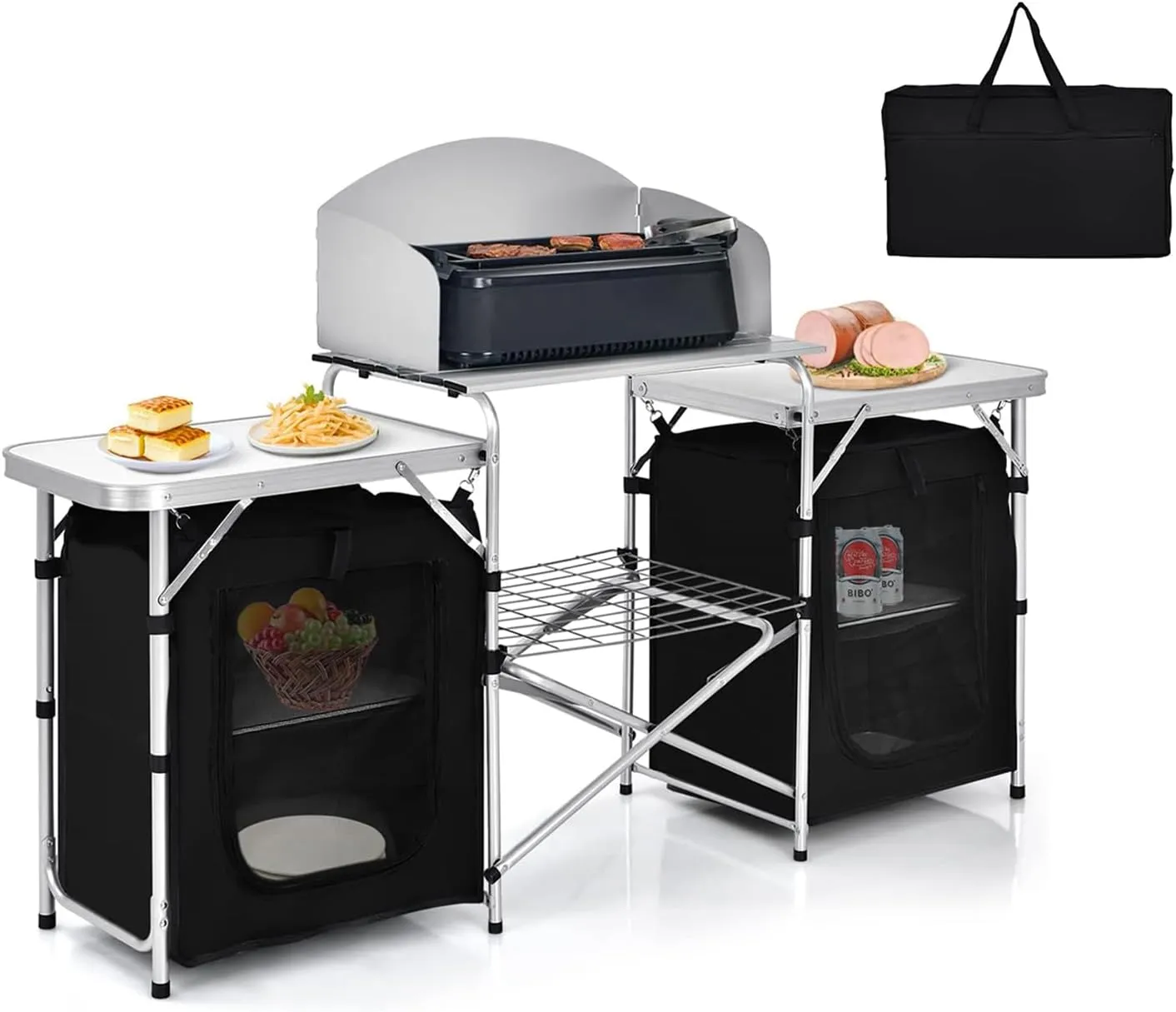 GYMAX Folding Camping Table, Portable Kitchen Table with 2 Zipper Organizer Shelf & Wind Screen, Foldable Cooking Table for Camping Hiking Picnic BBQ (Black)
