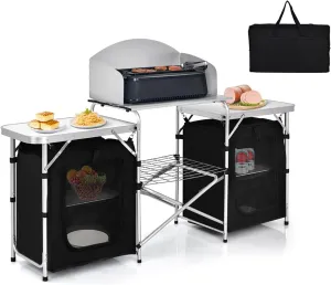 GYMAX Folding Camping Table, Portable Kitchen Table with 2 Zipper Organizer Shelf & Wind Screen, Foldable Cooking Table for Camping Hiking Picnic BBQ (Black)
