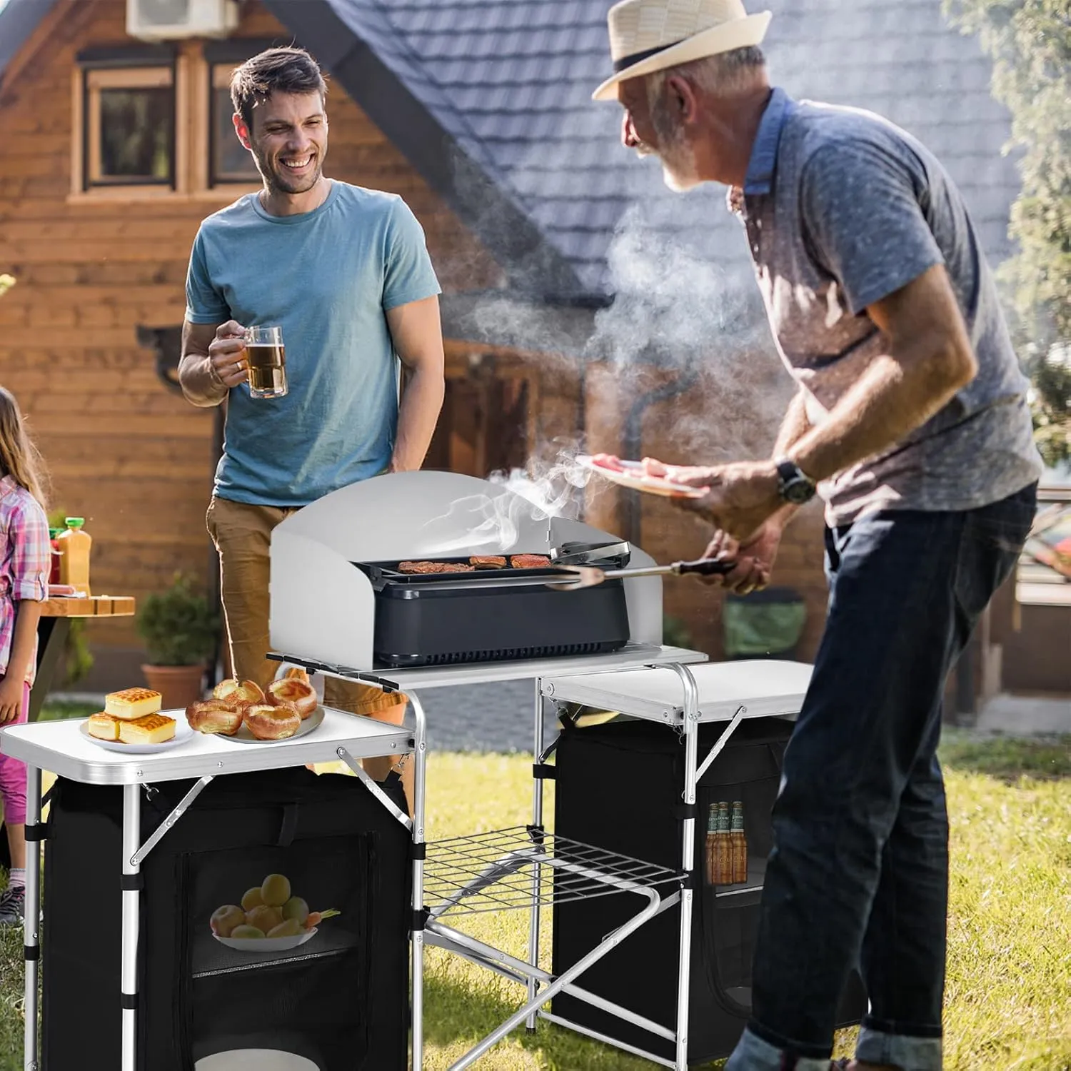 GYMAX Folding Camping Table, Portable Kitchen Table with 2 Zipper Organizer Shelf & Wind Screen, Foldable Cooking Table for Camping Hiking Picnic BBQ (Black)
