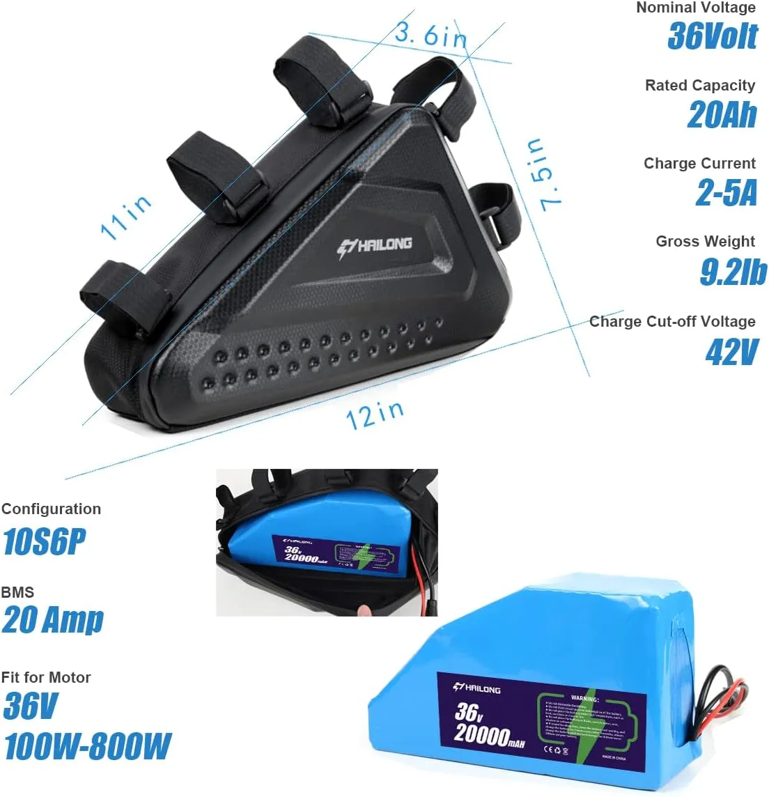H HAILONG 36V 48V 52V Universal Power Pack with Waterproof Case for 250W-1500W Motor for Mountain Bike Motor Bike/Trike/Scooter Conversion Kit