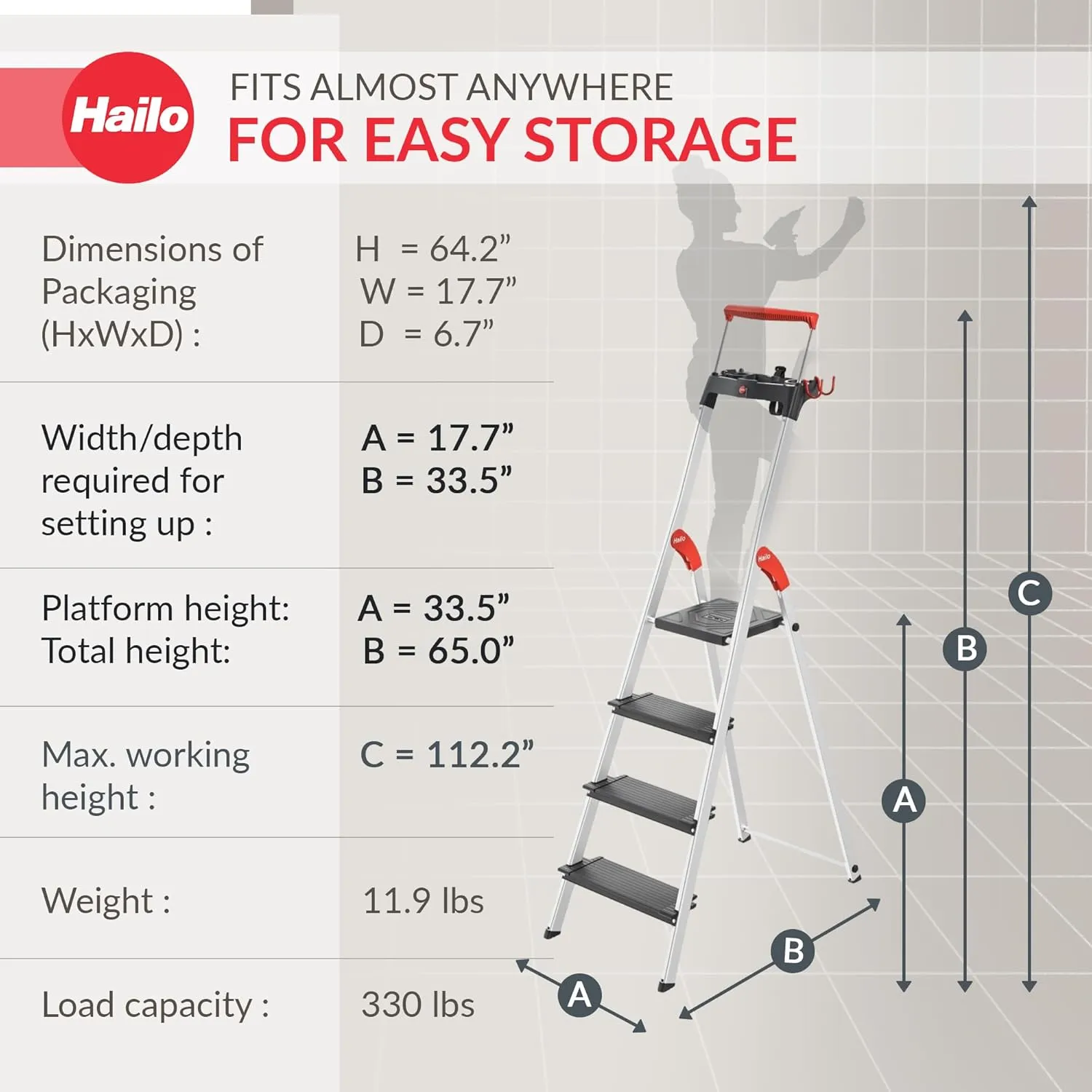 Hailo Folding Step Ladder, Non-Slip 4 Step Ladder for Garage, Home & Kitchen, L100, Silver/Black
