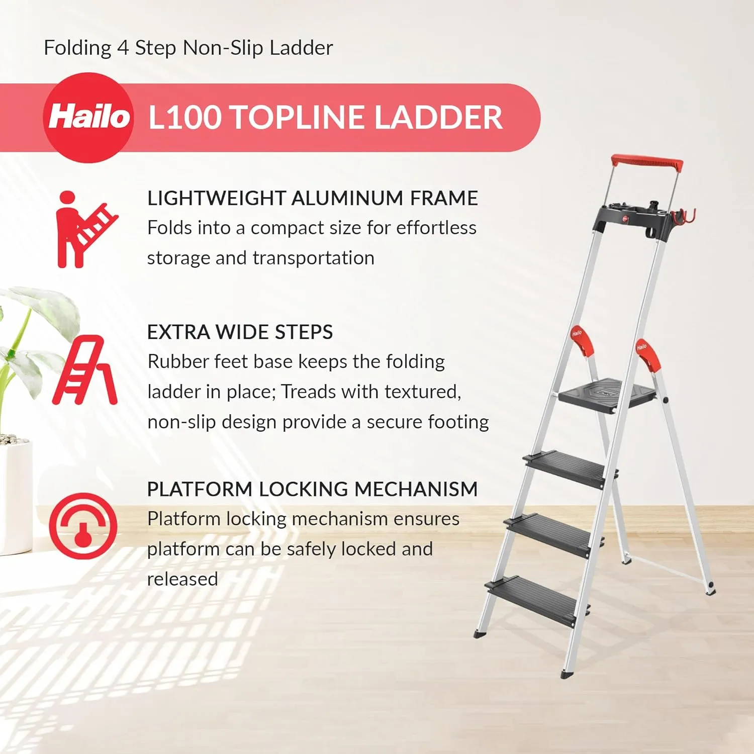 Hailo Folding Step Ladder, Non-Slip 4 Step Ladder for Garage, Home & Kitchen, L100, Silver/Black