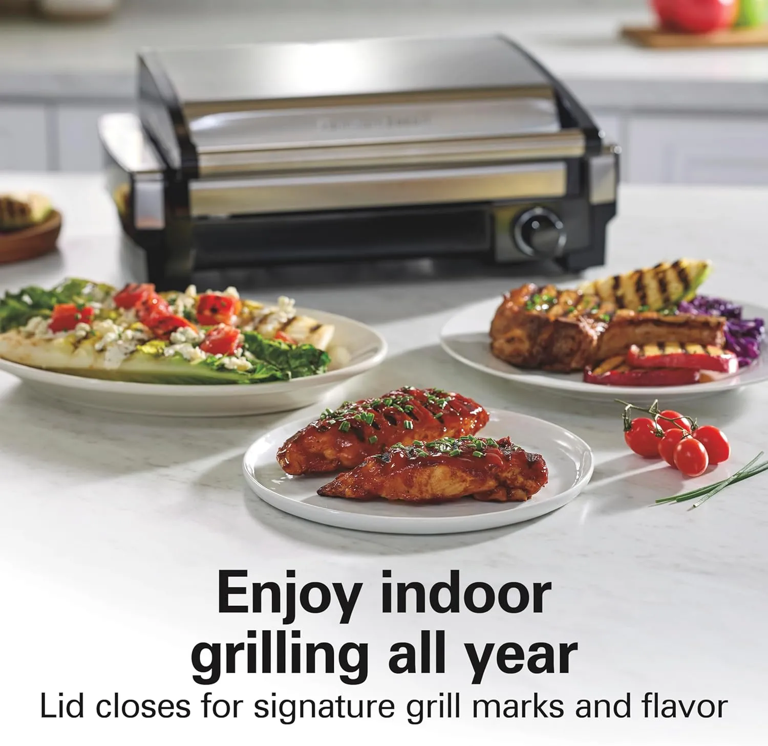 Hamilton Beach Electric Indoor Searing Grill with Adjustable Temperature Control to 450F, 118 sq. in. Surface Serves 6, PFAS-Free Removable Nonstick Grate, Stainless Steel (25360)