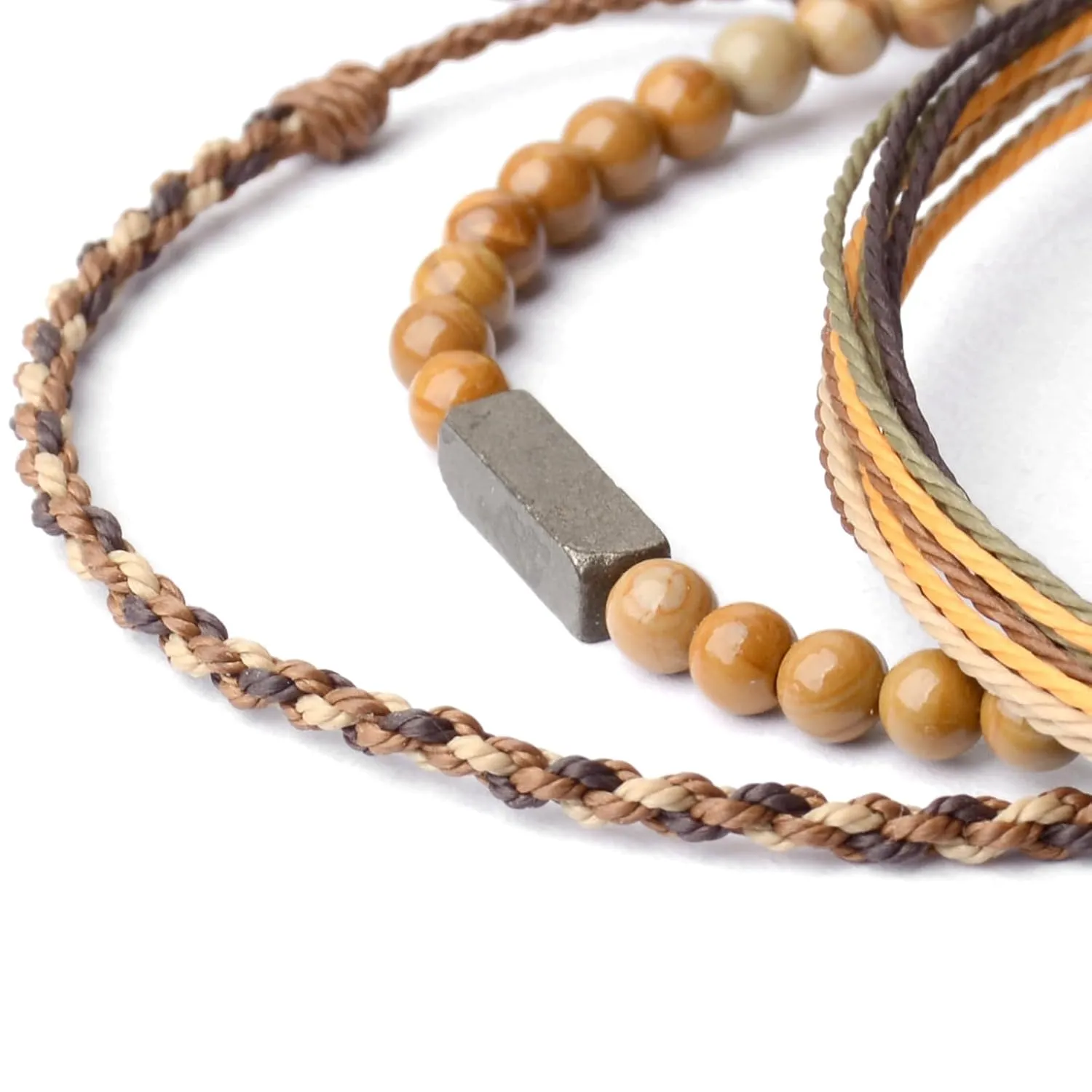Handmade Natural Gemstone Beaded Healing Bracelet for Men, Adjustable Waterproof Rope String Bracelet with Pyrite Lucky Brick, Birthday Gifts for Him (Wood-Grain, /)