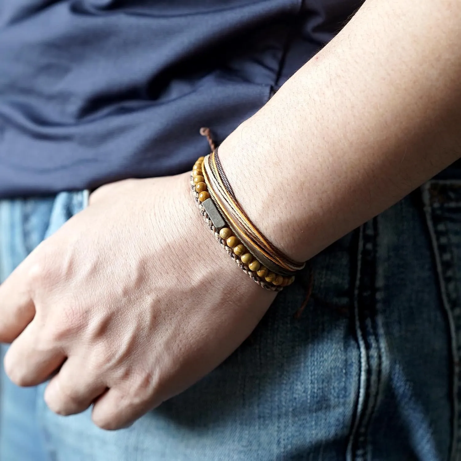 Handmade Natural Gemstone Beaded Healing Bracelet for Men, Adjustable Waterproof Rope String Bracelet with Pyrite Lucky Brick, Birthday Gifts for Him (Wood-Grain, /)