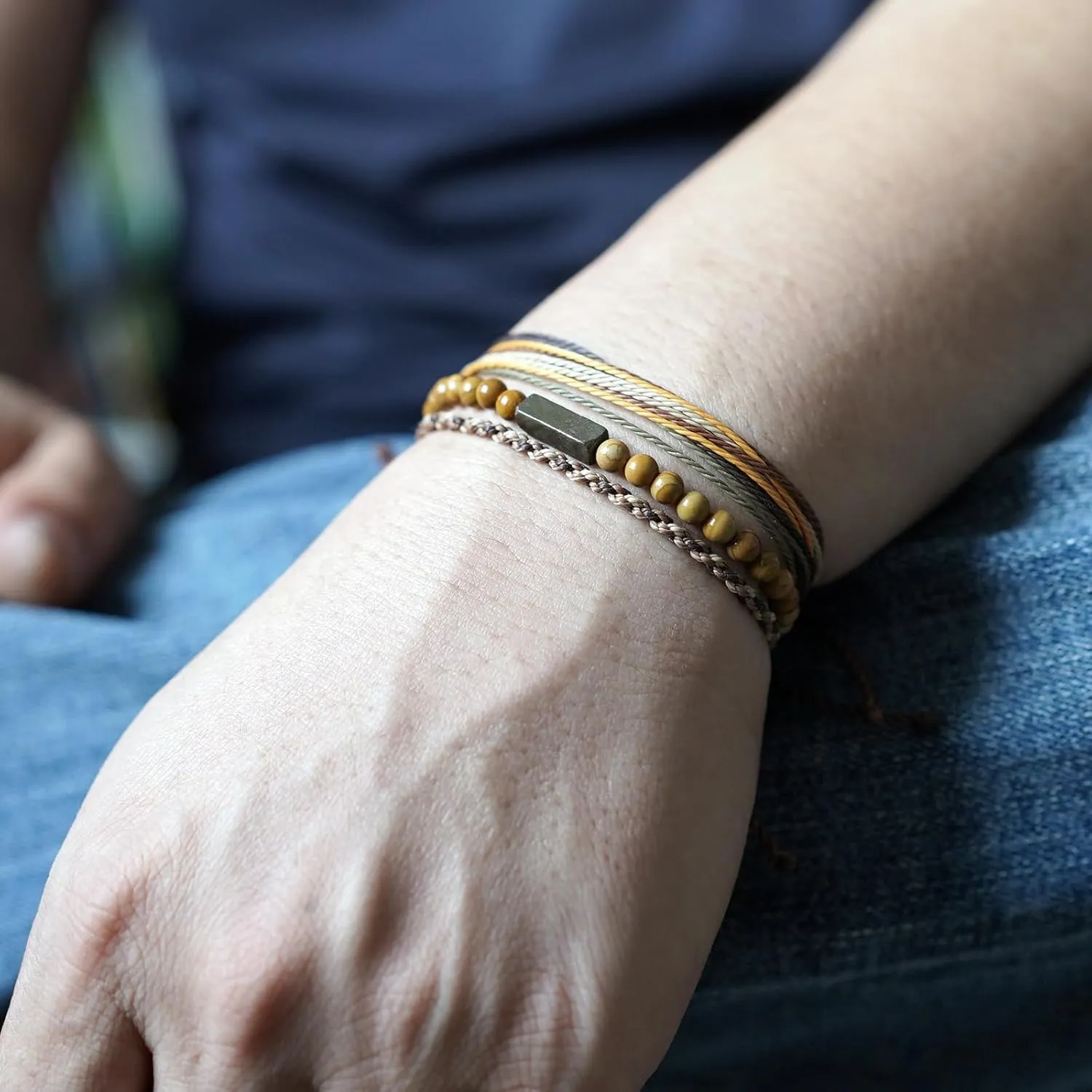 Handmade Natural Gemstone Beaded Healing Bracelet for Men, Adjustable Waterproof Rope String Bracelet with Pyrite Lucky Brick, Birthday Gifts for Him (Wood-Grain, /)