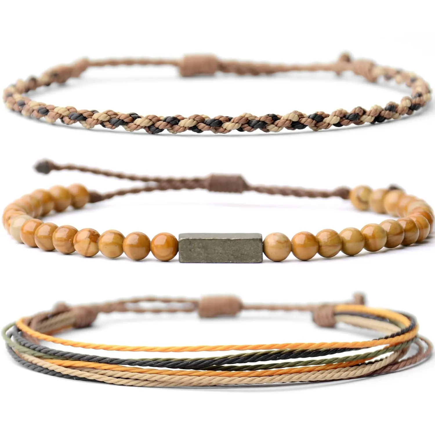 Handmade Natural Gemstone Beaded Healing Bracelet for Men, Adjustable Waterproof Rope String Bracelet with Pyrite Lucky Brick, Birthday Gifts for Him (Wood-Grain, /)