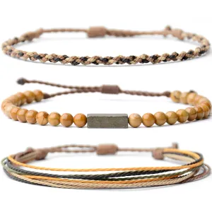 Handmade Natural Gemstone Beaded Healing Bracelet for Men, Adjustable Waterproof Rope String Bracelet with Pyrite Lucky Brick, Birthday Gifts for Him (Wood-Grain, /)