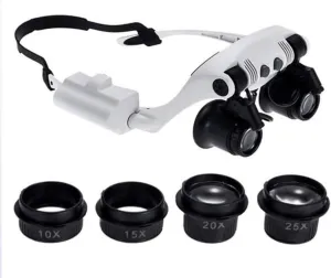 Hands Free Headband Magnifier with Led Light -10X to 25X Zoom with 4 Detachable Lenses-Head Mounted Magnifying Glasses with Light for Reading, Jewelry Loupe, Watch, Electronic Rep,Illum