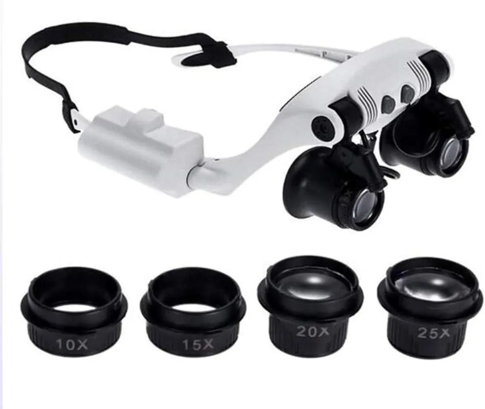 Hands Free Headband Magnifier with Led Light -10X to 25X Zoom with 4 Detachable Lenses-Head Mounted Magnifying Glasses with Light for Reading, Jewelry Loupe, Watch, Electronic Rep,Illum