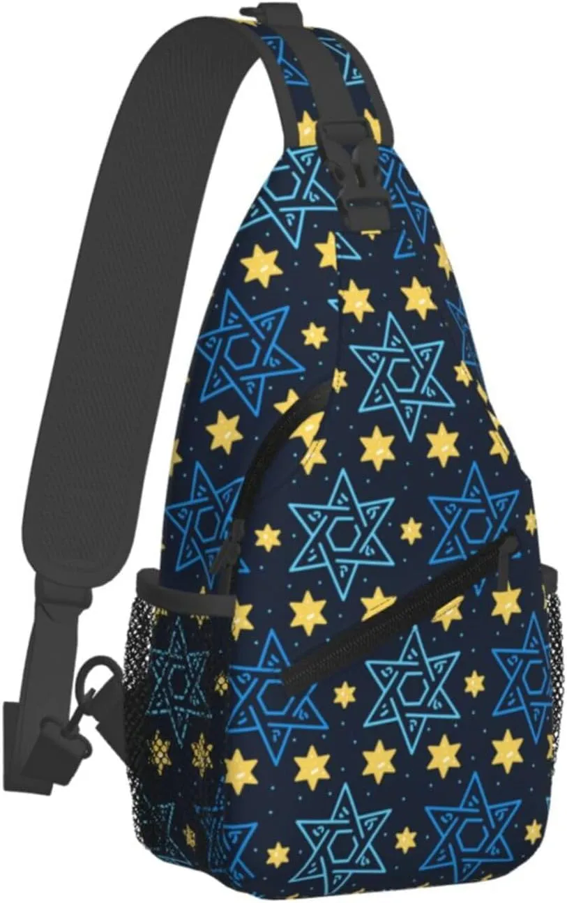 Happy Hanukkah Sling Backpack,Israel Jewish Crossbody Shoulder Backpack Adjustable Sling Bag for Men Women