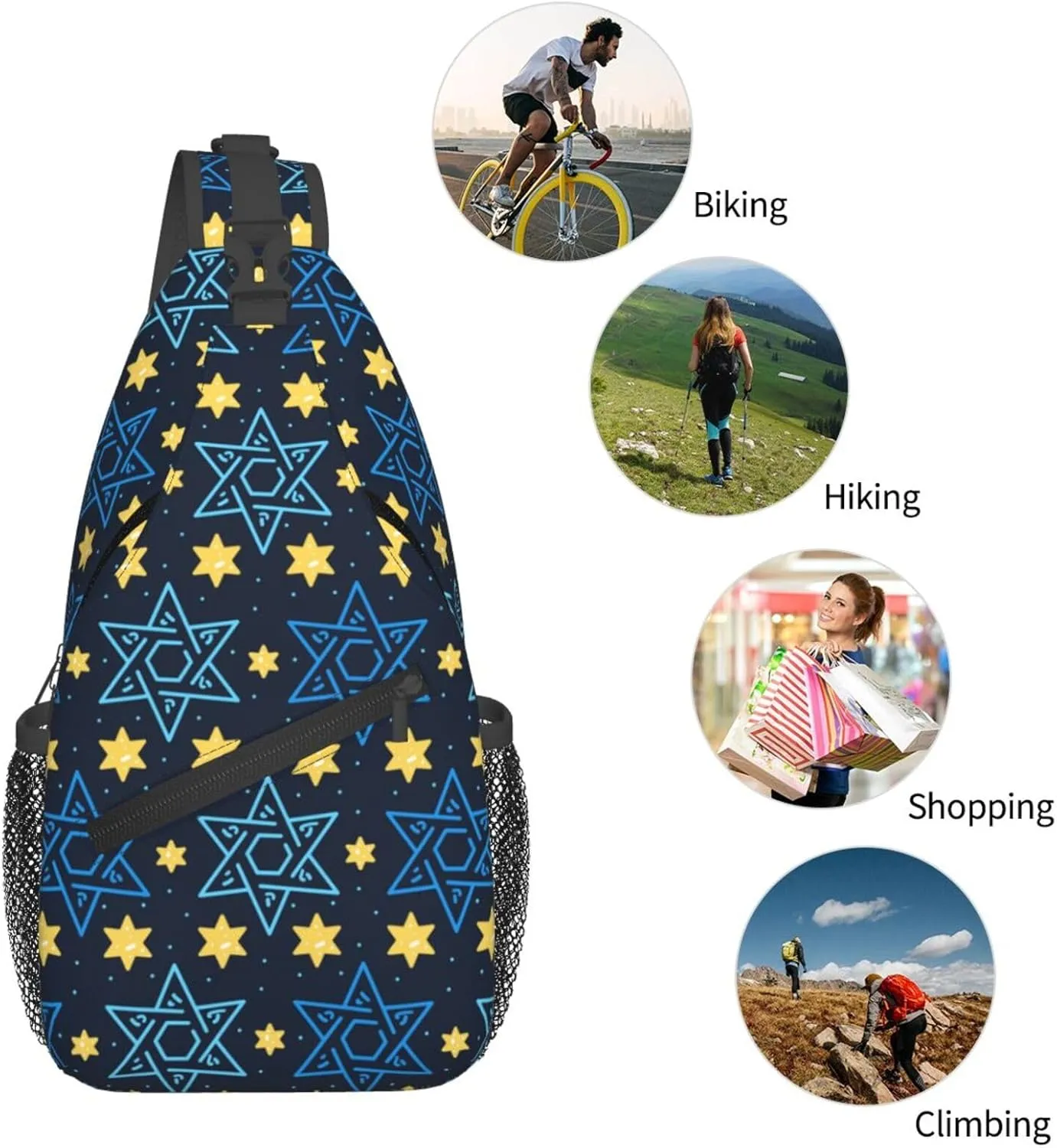 Happy Hanukkah Sling Backpack,Israel Jewish Crossbody Shoulder Backpack Adjustable Sling Bag for Men Women