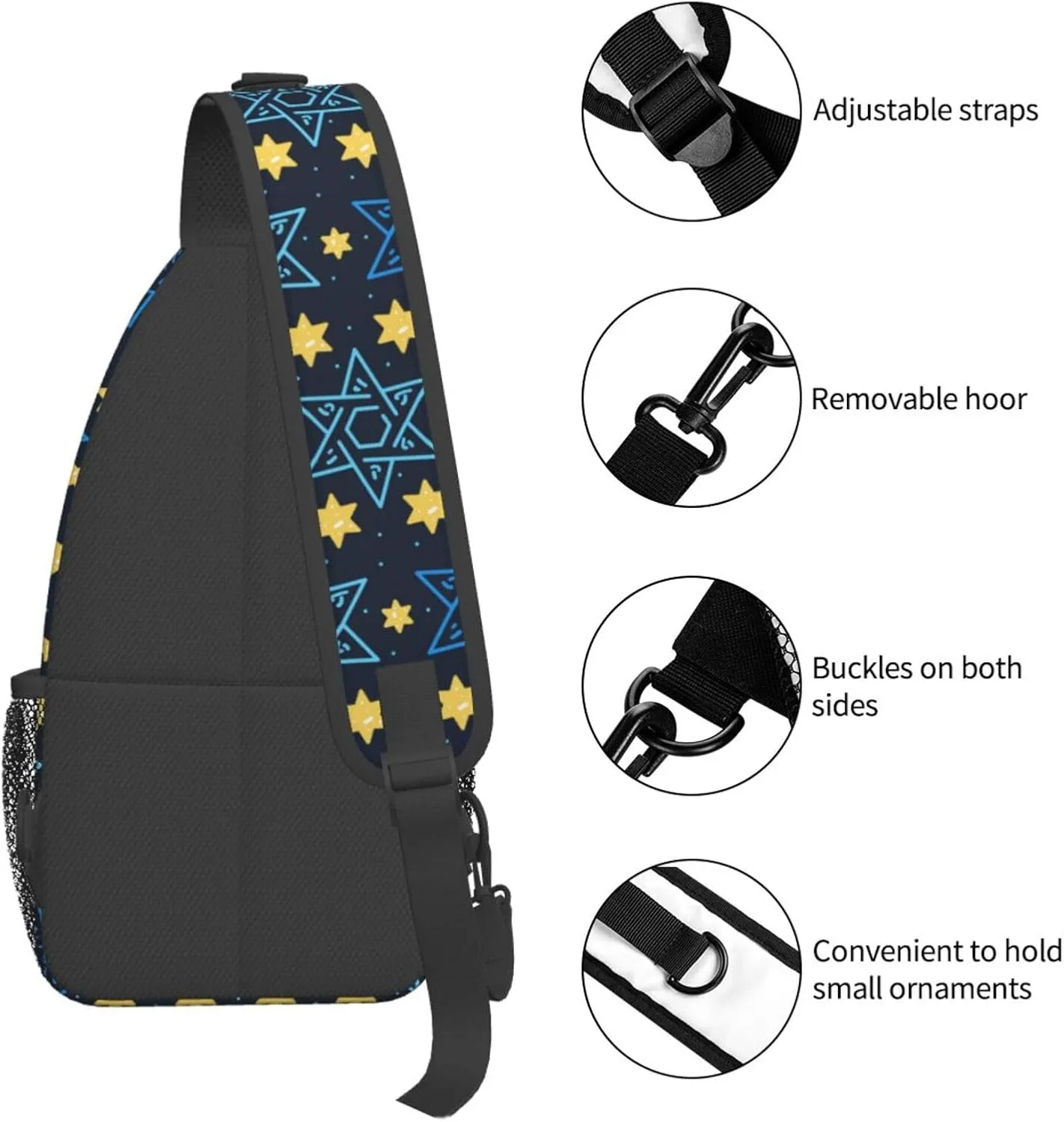 Happy Hanukkah Sling Backpack,Israel Jewish Crossbody Shoulder Backpack Adjustable Sling Bag for Men Women