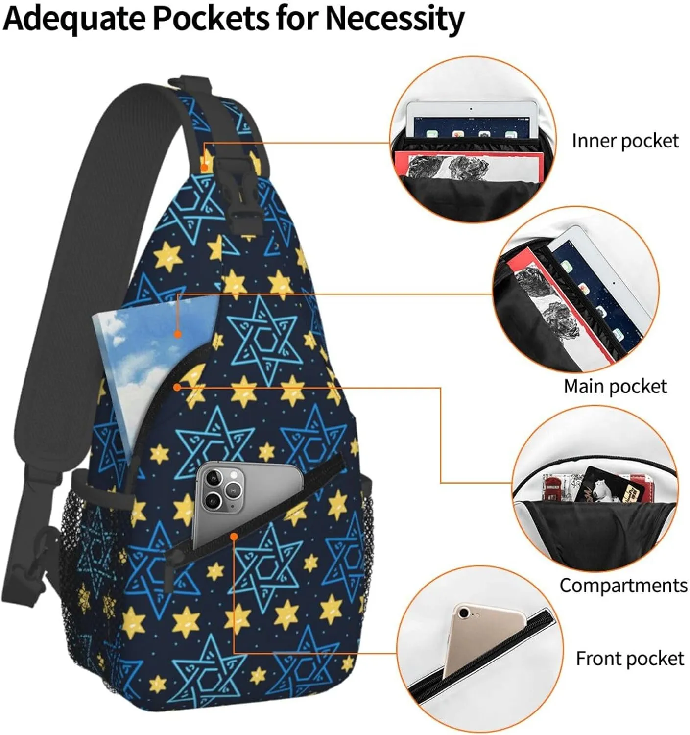 Happy Hanukkah Sling Backpack,Israel Jewish Crossbody Shoulder Backpack Adjustable Sling Bag for Men Women