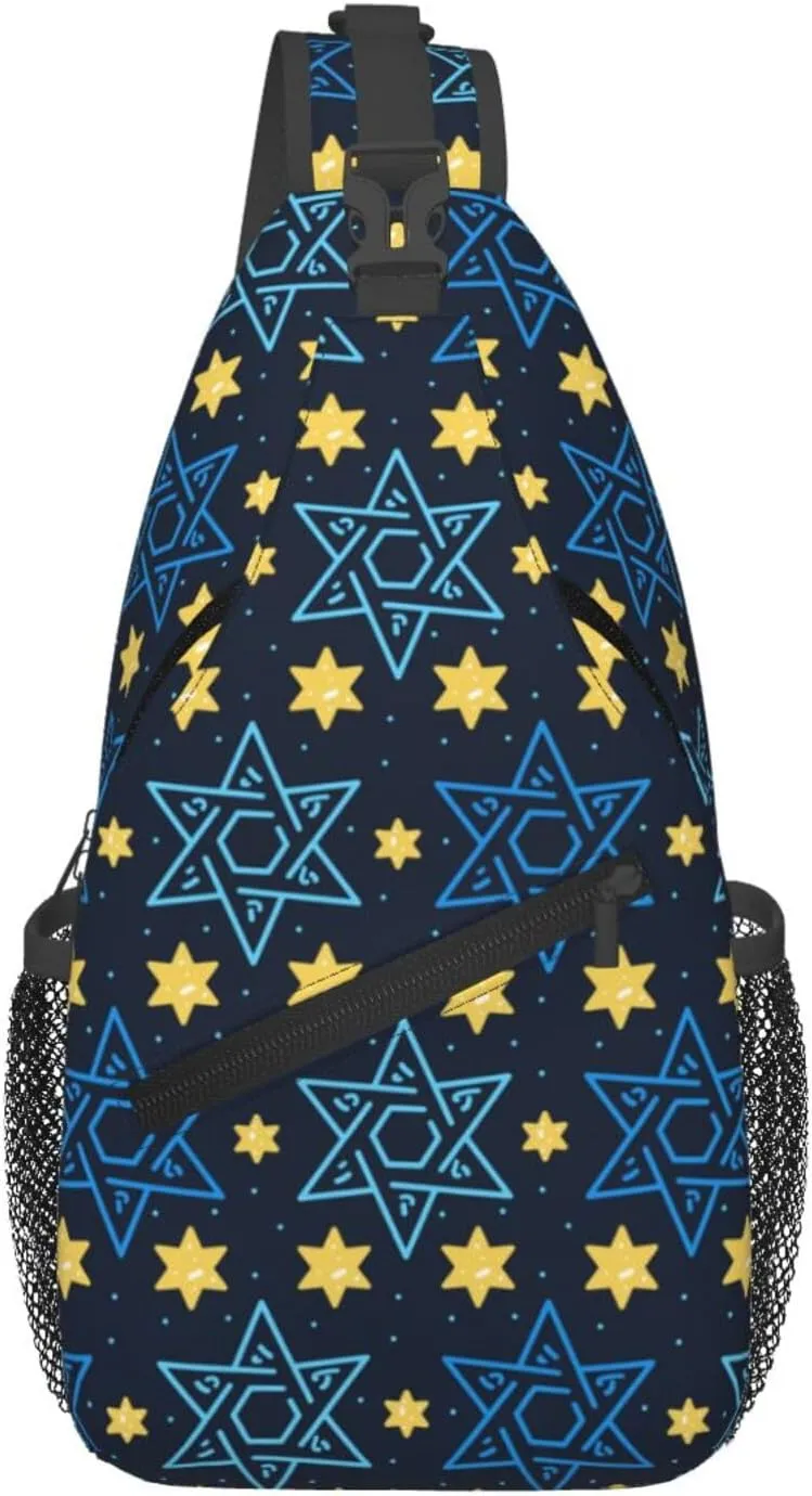 Happy Hanukkah Sling Backpack,Israel Jewish Crossbody Shoulder Backpack Adjustable Sling Bag for Men Women