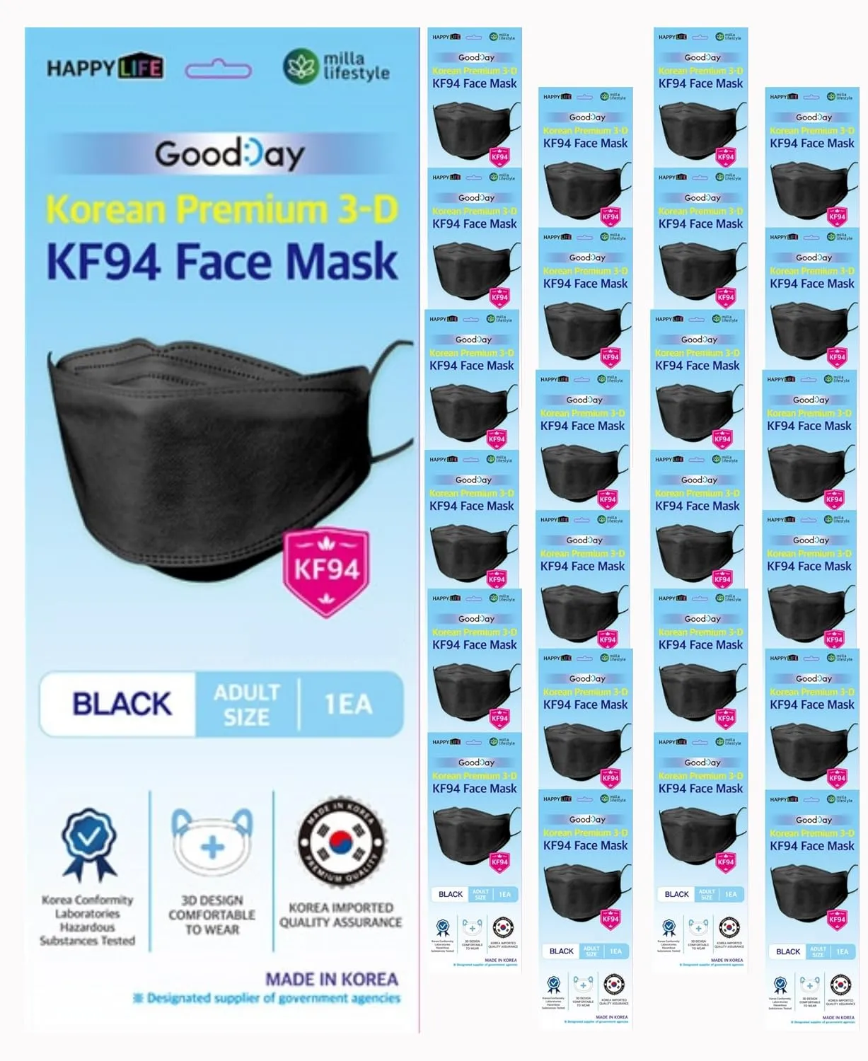 [Happy Life] Premium 3D Black KF94 Face Mask, Good Day, Individual Pack Made in Korea (24)