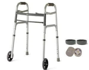 HEALTHLINE Junior Folding Walker Lightweight Deluxe 2 Button with 5-inch Wheels and Additional 2 Pair Free Rear Glides, Front Wheeled Walker for Seniors & Children