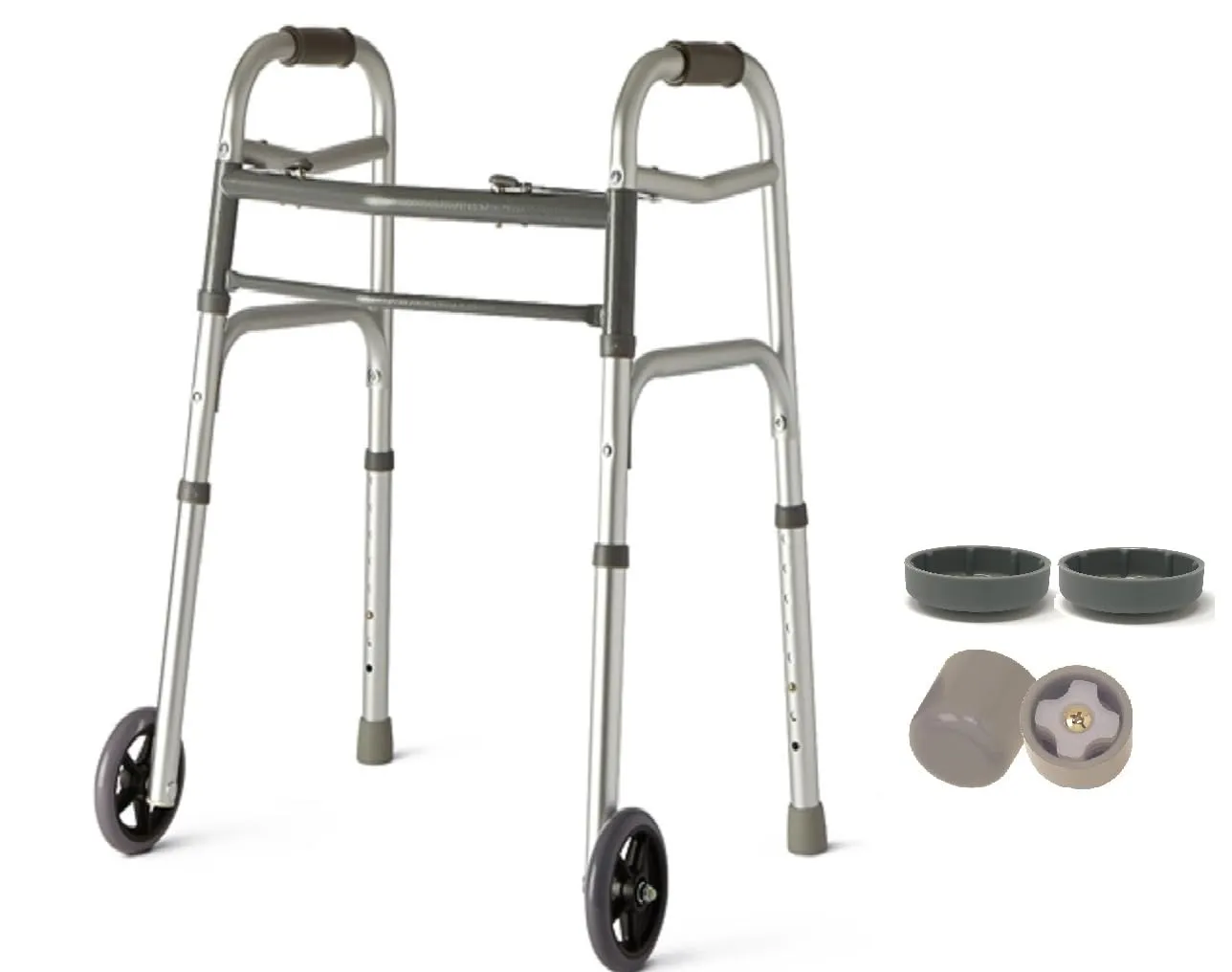 HEALTHLINE Junior Folding Walker Lightweight Deluxe 2 Button with 5-inch Wheels and Additional 2 Pair Free Rear Glides, Front Wheeled Walker for Seniors & Children