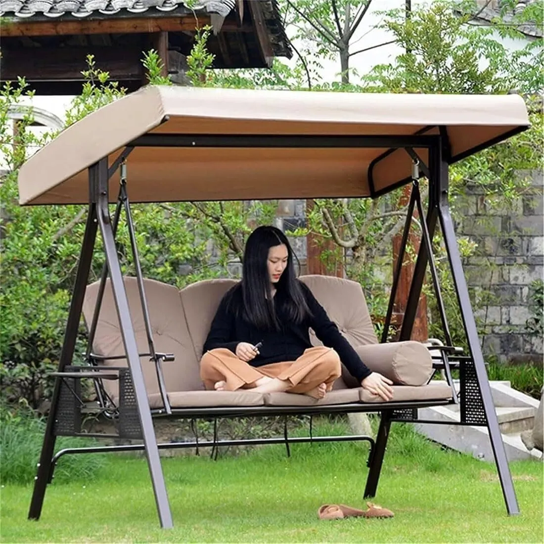 Heavy-Duty Swing Chair Canopy Replacement,Waterproof and Windproof Rip-Proof Top Cover for 3-Seater Garden Swing Seat (84x48x9inch,Beige)