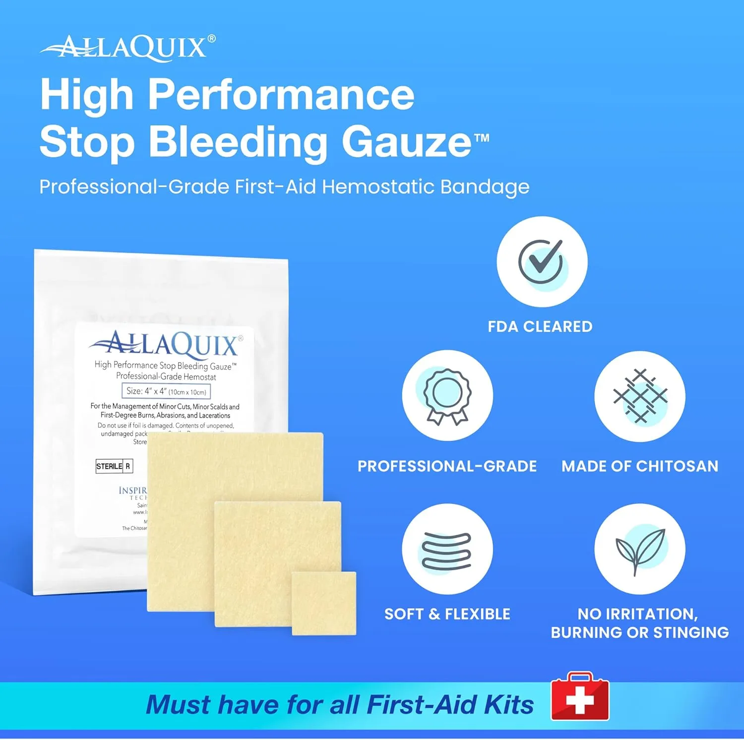 High Performance Stop Bleeding Gauze Pads – 3-Pack (6"x6") | Hemostatic Wound Dressing for Cuts & First Aid Kits | Sterile, Drug-Free, Fast Clotting Pads