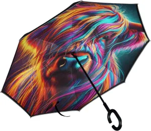 Highland Cow Neon Inverted Reverse Umbrellas for Rain Double Layer Upside Down Stick Golf Umbrella Windproof with C Shape Handle for Women Men Adults Car