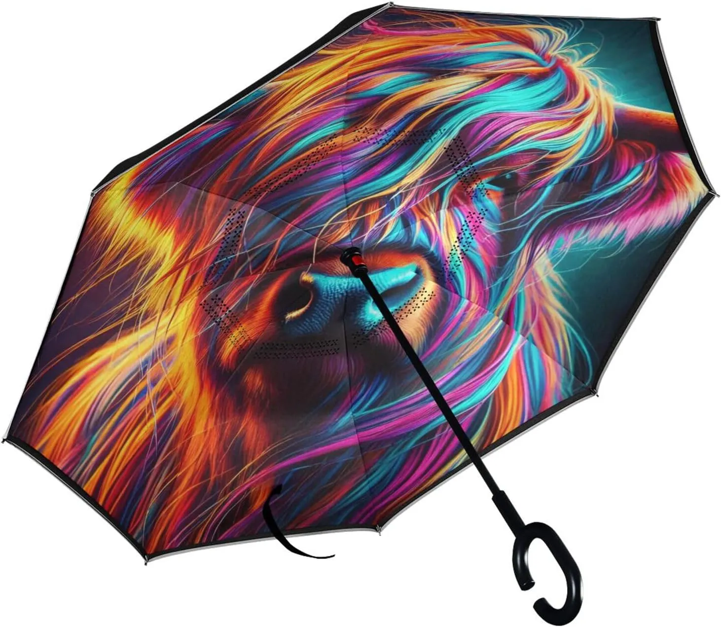 Highland Cow Neon Inverted Reverse Umbrellas for Rain Double Layer Upside Down Stick Golf Umbrella Windproof with C Shape Handle for Women Men Adults Car