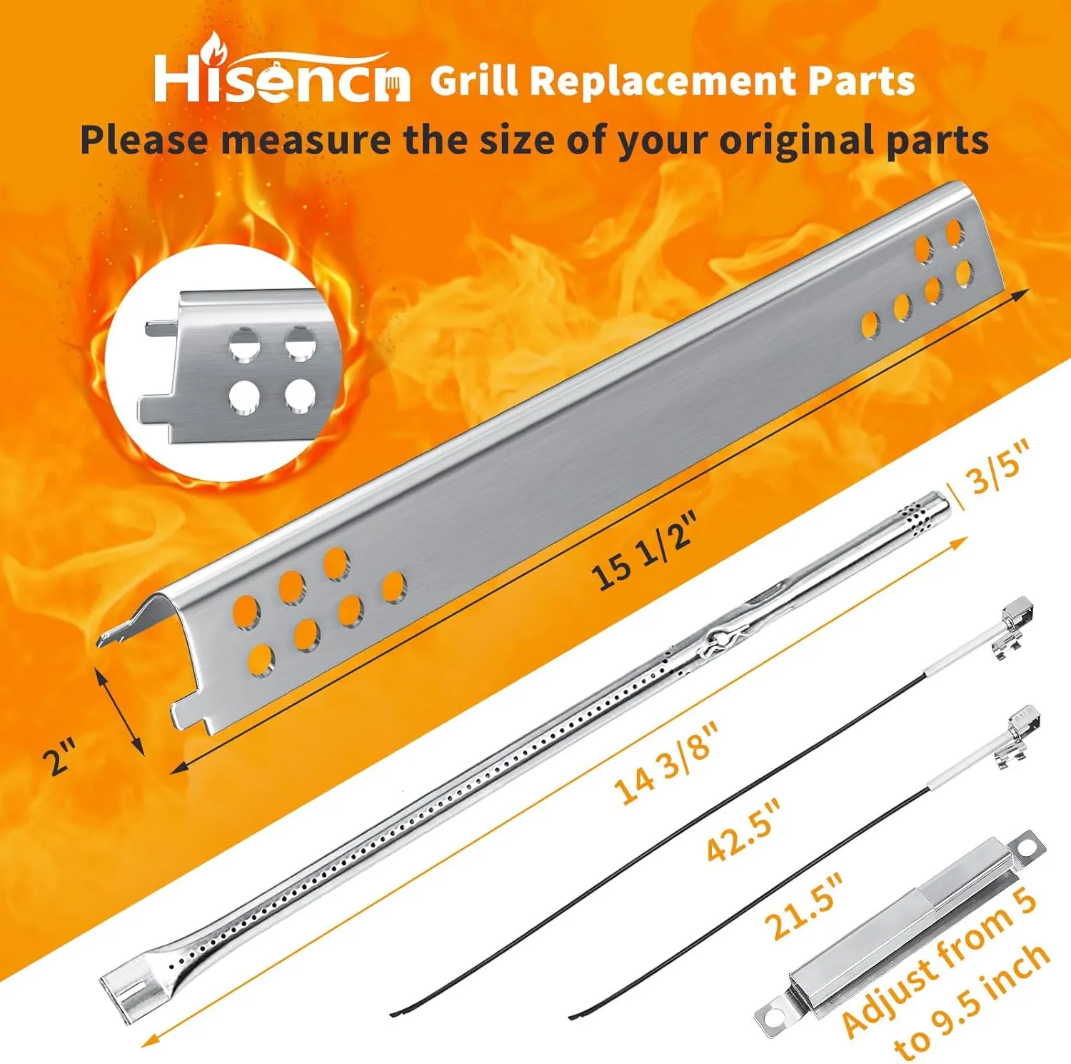 Hisencn Grill Replacement Parts for Charbroil Advantage Series 4 Burner 463344116, 466344116 Gas Grill, 14 3/8" Grill Burners Tube,15 1/2" Heat Plate Tent Shield,Adjustable Carryover Tube,G361-0003-W1