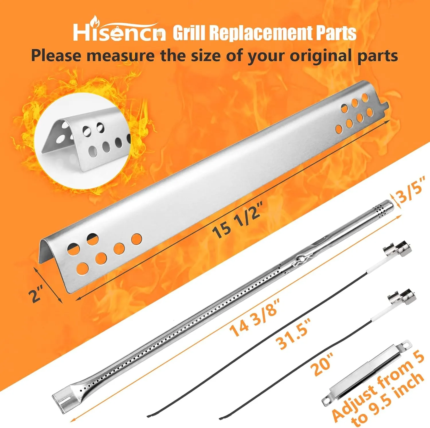 Hisencn Grill Replacement Parts for Charbroil Advantage Series 4 Burner 463344116, 466344116 Gas Grill, 14 3/8" Grill Burners Tube,15 1/2" Heat Plate Tent Shield,Adjustable Carryover Tube,G361-0003-W1