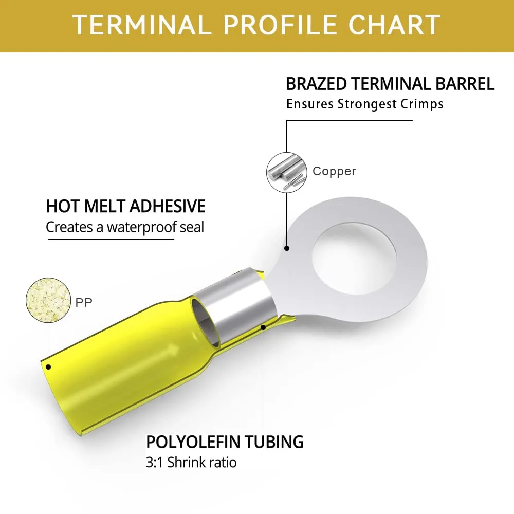 HKS 100PCS Heat Shrink Ring Terminals -Yellow 12-10 AWG - Tinned Red Copper 1.0mm 4 Sizes #10,1/4",5/16",3/8" - Marine Electrical Wire Connector Kit - Waterproof and Insulated Crimp Terminals Set