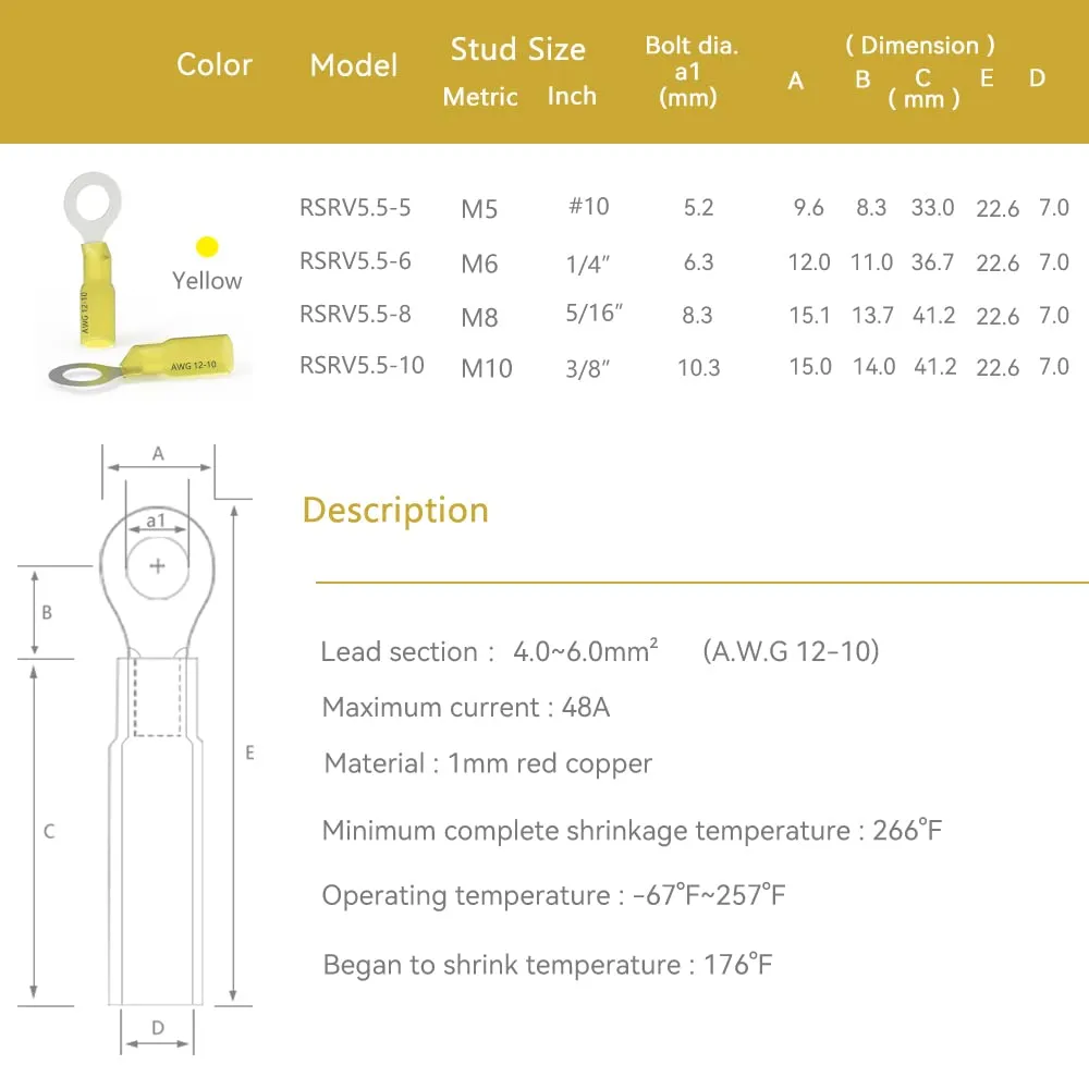 HKS 100PCS Heat Shrink Ring Terminals -Yellow 12-10 AWG - Tinned Red Copper 1.0mm 4 Sizes #10,1/4",5/16",3/8" - Marine Electrical Wire Connector Kit - Waterproof and Insulated Crimp Terminals Set