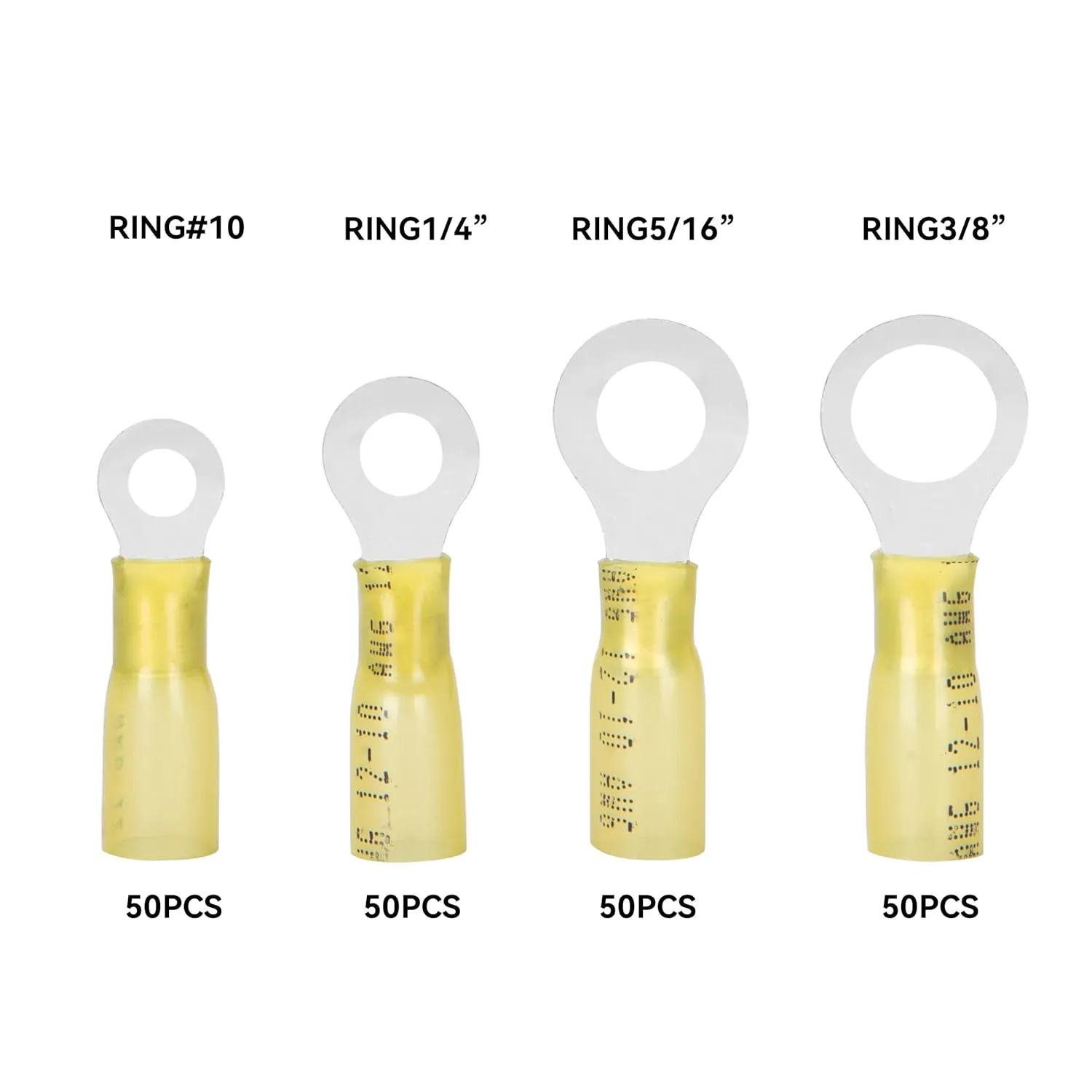 HKS 100PCS Heat Shrink Ring Terminals -Yellow 12-10 AWG - Tinned Red Copper 1.0mm 4 Sizes #10,1/4",5/16",3/8" - Marine Electrical Wire Connector Kit - Waterproof and Insulated Crimp Terminals Set