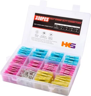 HKS 330 PCS Heat Shrink Butt Connector - Electrical Wire Connectors 26-10 AWG Kit - Tinned Red Copper- Automotive Marine Stereo Boat Crimp - Waterproof and Insulated