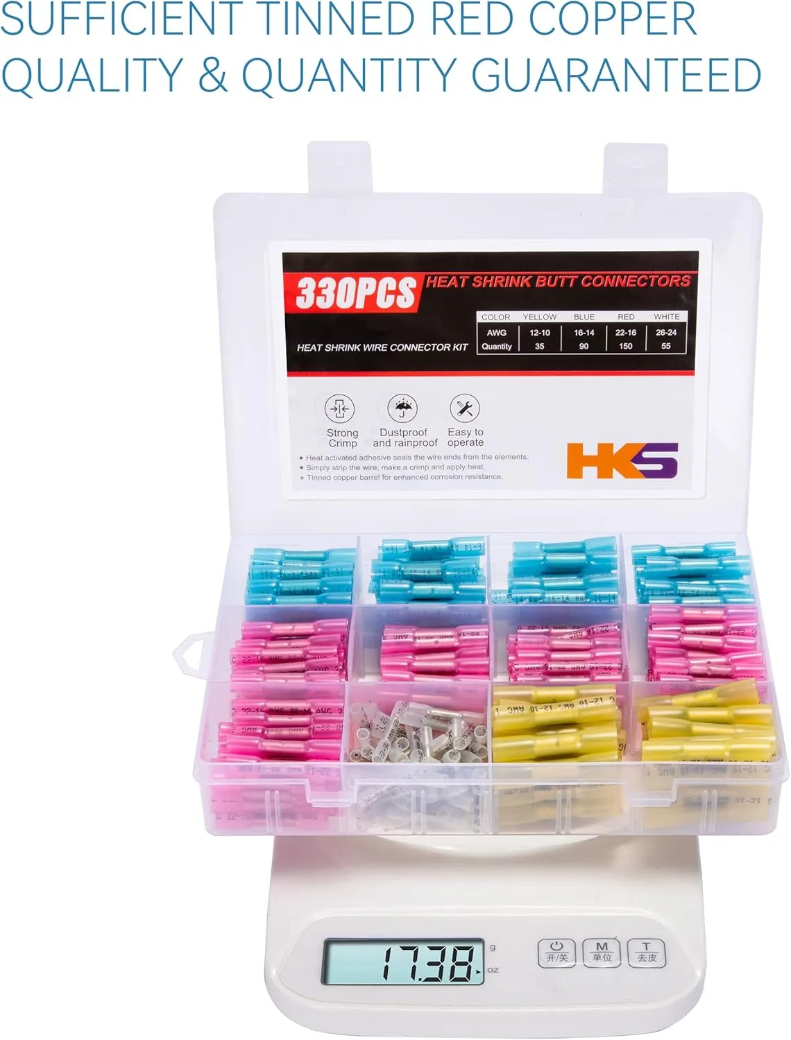 HKS 330 PCS Heat Shrink Butt Connector - Electrical Wire Connectors 26-10 AWG Kit - Tinned Red Copper- Automotive Marine Stereo Boat Crimp - Waterproof and Insulated