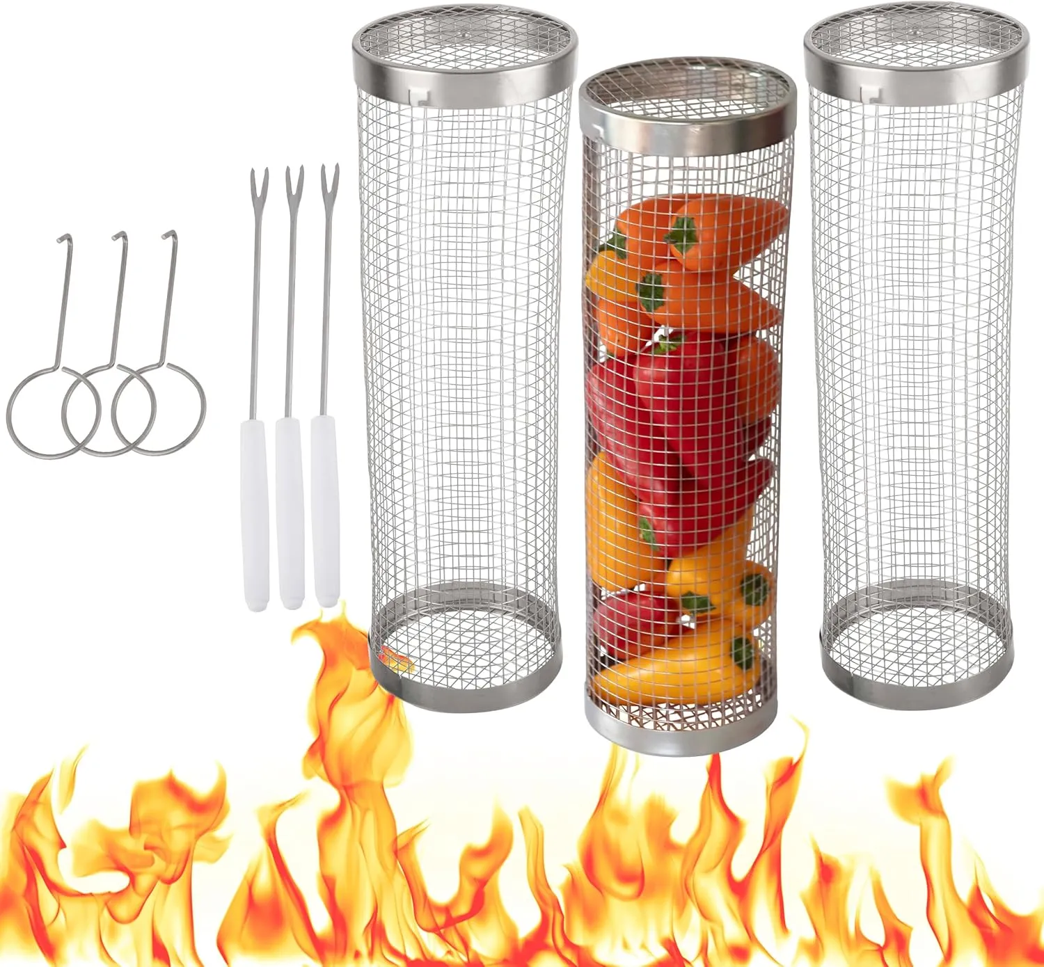 Home-Complete Grill Baskets for Outdoor Grill - Set of 3 Rolling Grill Baskets for Veggies, Shrimp, and Chicken - Stainless Steel BBQ Accessories