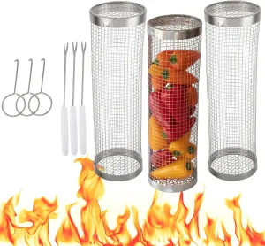 Home-Complete Grill Baskets for Outdoor Grill - Set of 3 Rolling Grill Baskets for Veggies, Shrimp, and Chicken - Stainless Steel BBQ Accessories
