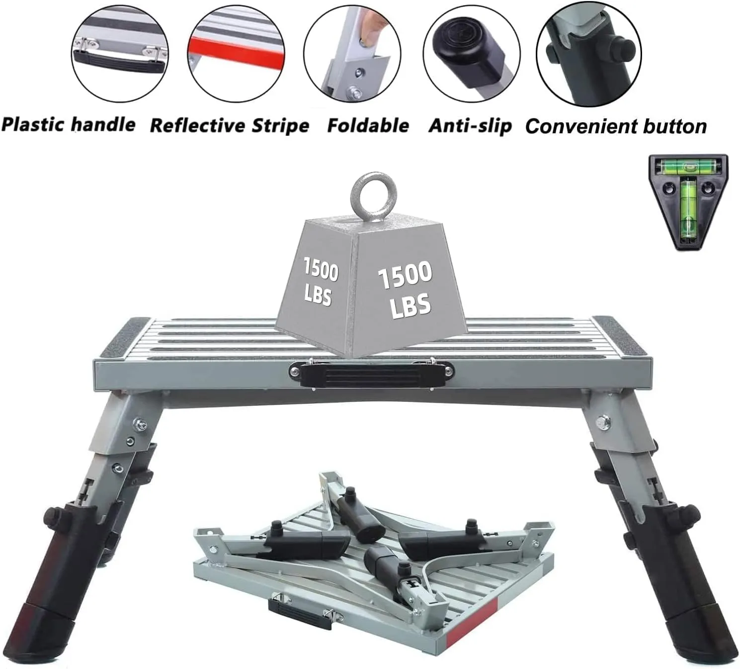 Homeon Wheels Large RV Step Stool, Adjustable Height Aluminum Folding Platform Step and Ladder with Non-Slip Rubber Feet, More Stable Supports Up to 1,500lbs 19" x 14.5"