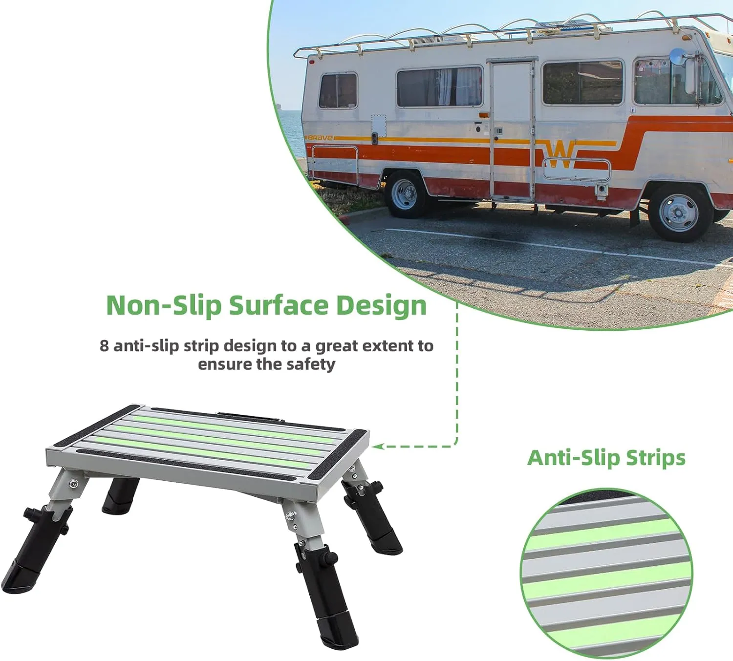 Homeon Wheels RV Steps Adjustable Height Aluminum Folding Platform Step Sheath Non-Slip Rubber Feet, Reflective Stripe, Handle, RV T Level, More Stable Up to 1000 lbs 16.5" x 12.2"(Gray Luminous)