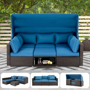 HOMREST 6 Pieces Patio Furniture Sets, Rattan Daybed with Retractable Canopy, Outdoor Sectional Sofa Set with Adjustable Backrest, Chaise Chair Sunbed for Garden Poolside Backyard (Blue)