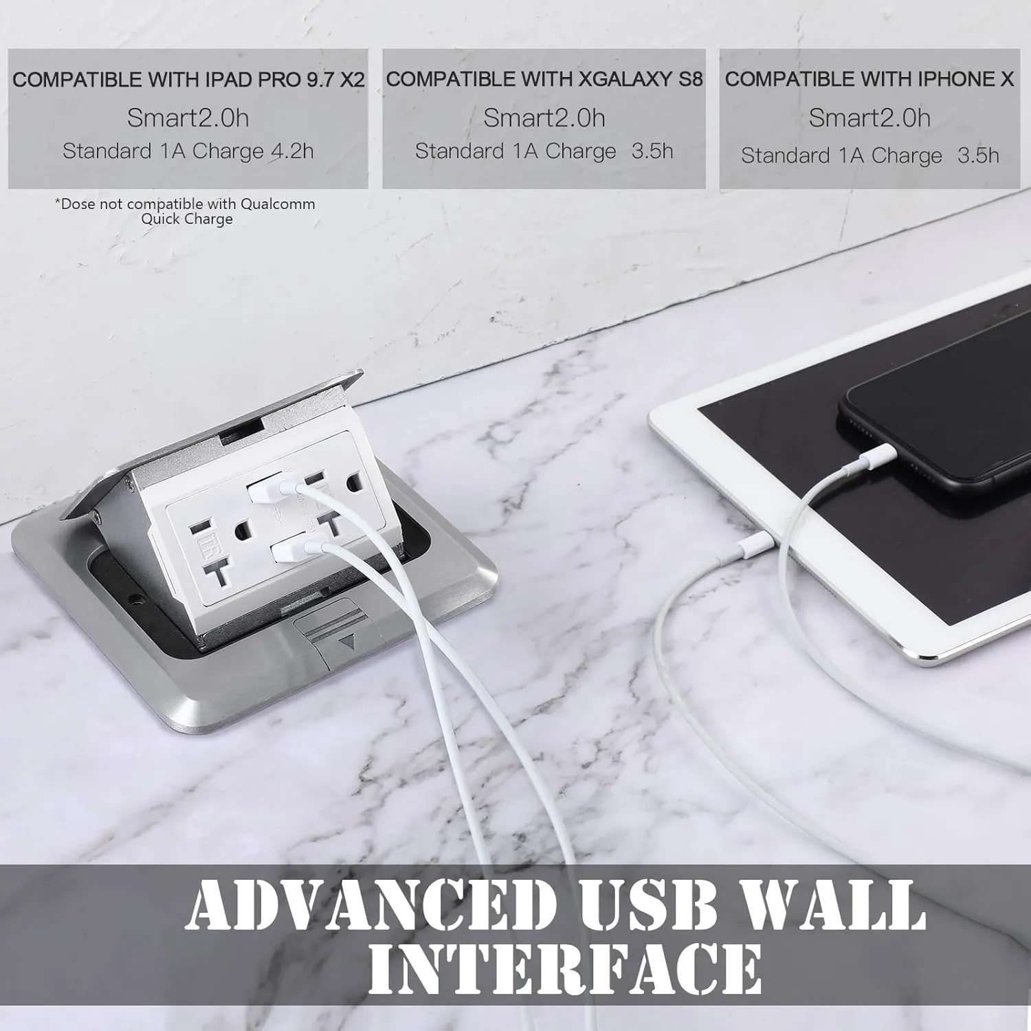 Hoolerry 2 Pack Pop up Floor Electrical Outlet Cover Box Kit with 4.8A USB Charger 20Amp Waterproof Weatherproof Floor Tamper Resistant Outlet Receptacle for Countertop Home (Silver)