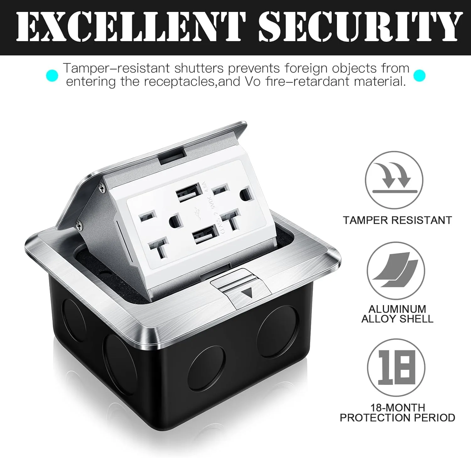 Hoolerry 2 Pack Pop up Floor Electrical Outlet Cover Box Kit with 4.8A USB Charger 20Amp Waterproof Weatherproof Floor Tamper Resistant Outlet Receptacle for Countertop Home (Silver)