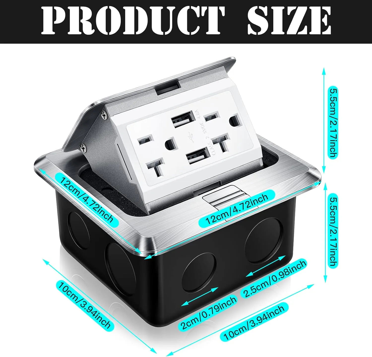 Hoolerry 2 Pack Pop up Floor Electrical Outlet Cover Box Kit with 4.8A USB Charger 20Amp Waterproof Weatherproof Floor Tamper Resistant Outlet Receptacle for Countertop Home (Silver)