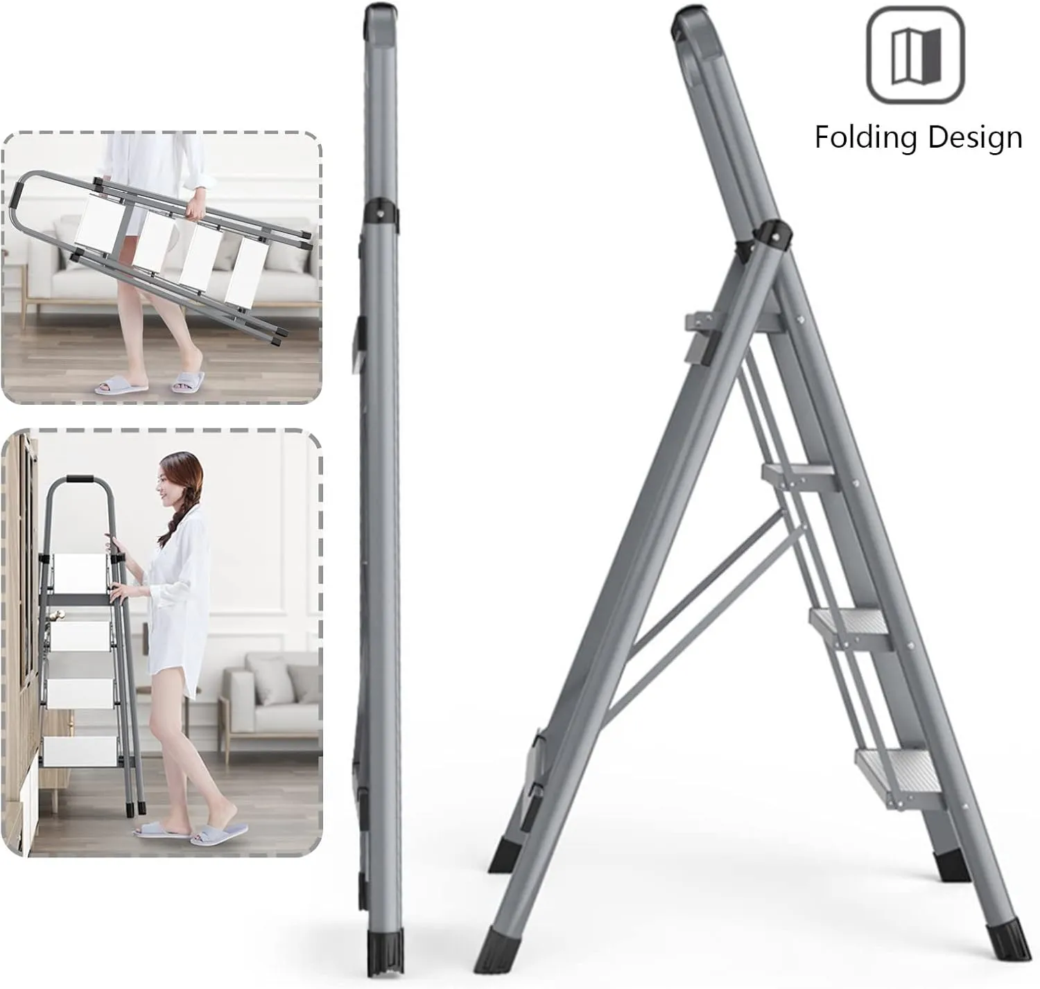 Household Lightweight Portable Herringbone Ladder Multi-Functional Foldable with Non-Slip Foot Pads Climbing Ladder, 3-Step Ladder / 4-Step Ladder (Color : Red, Size : 4 Steps)
