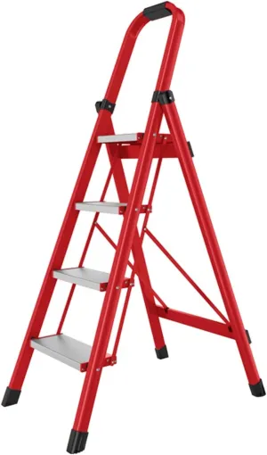 Household Lightweight Portable Herringbone Ladder Multi-Functional Foldable with Non-Slip Foot Pads Climbing Ladder, 3-Step Ladder / 4-Step Ladder (Color : Red, Size : 4 Steps)