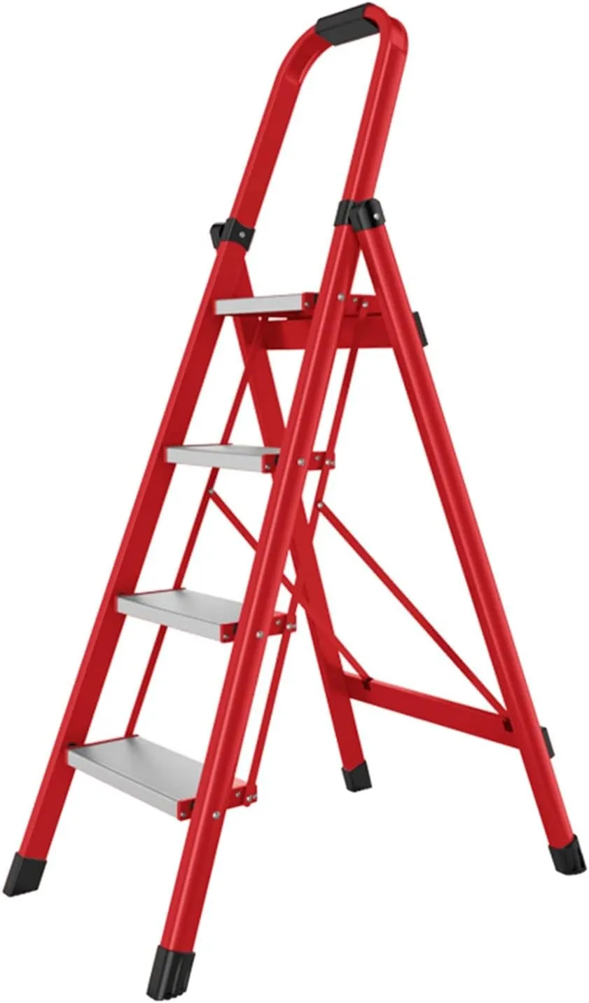 Household Lightweight Portable Herringbone Ladder Multi-Functional Foldable with Non-Slip Foot Pads Climbing Ladder, 3-Step Ladder / 4-Step Ladder (Color : Red, Size : 4 Steps)