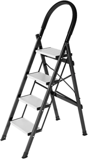 Household Multifunctional Herringbone Ladder Aluminum Alloy Four Step Ladder Folding Ladder, Black/Champagne Gold Color (Color : Black Color)