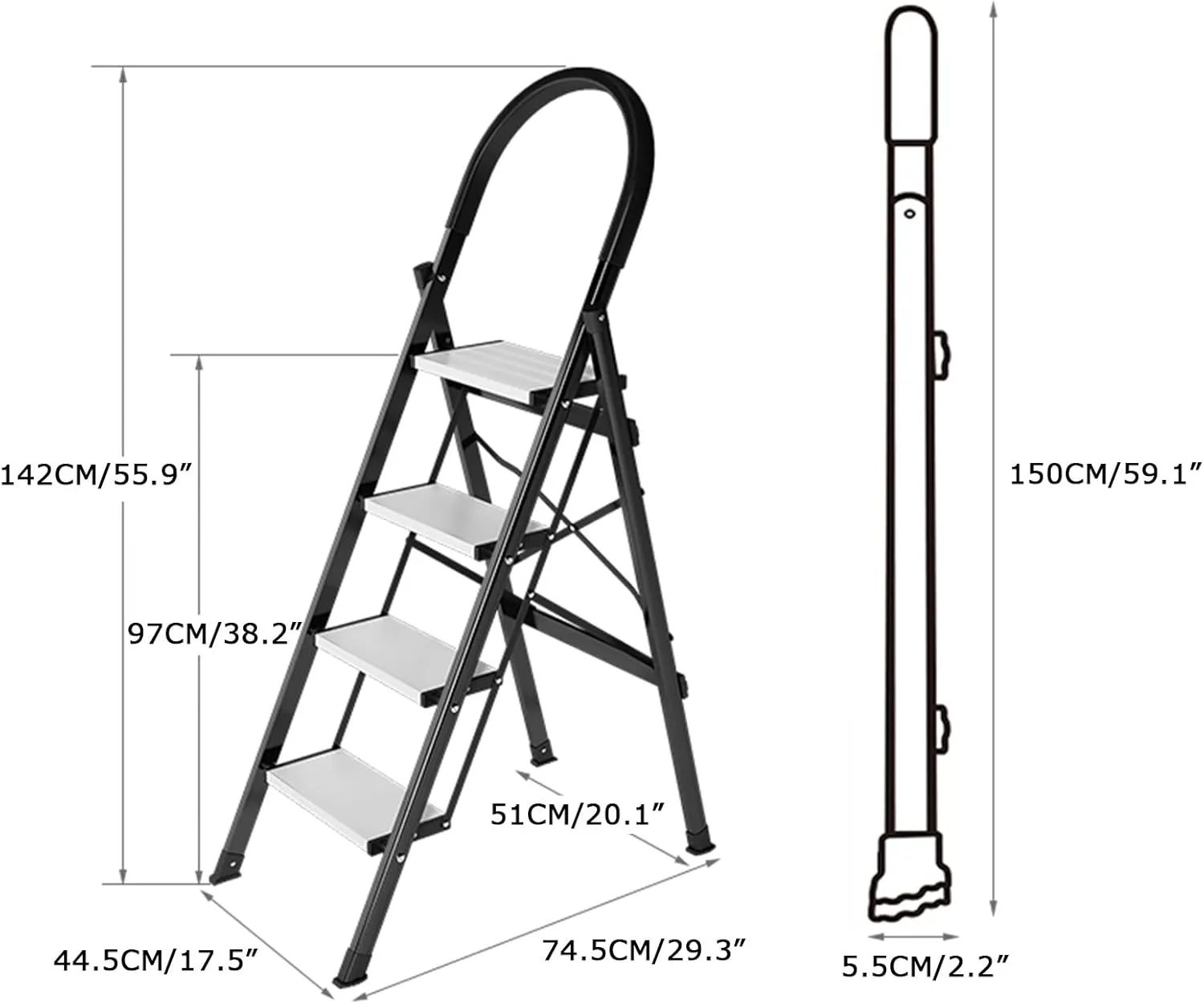 Household Multifunctional Herringbone Ladder Aluminum Alloy Four Step Ladder Folding Ladder, Black/Champagne Gold Color (Color : Black Color)