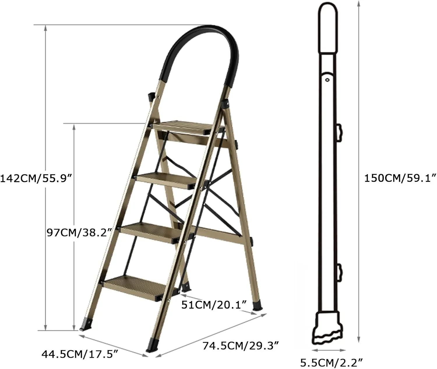 Household Multifunctional Herringbone Ladder Aluminum Alloy Four Step Ladder Folding Ladder, Black/Champagne Gold Color (Color : Champagne Gold Color)