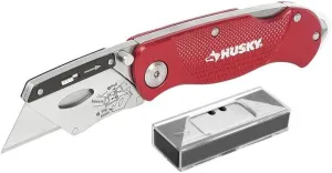 Husky Folding Lock-Back Utility Knife, Red with 10-Blades
