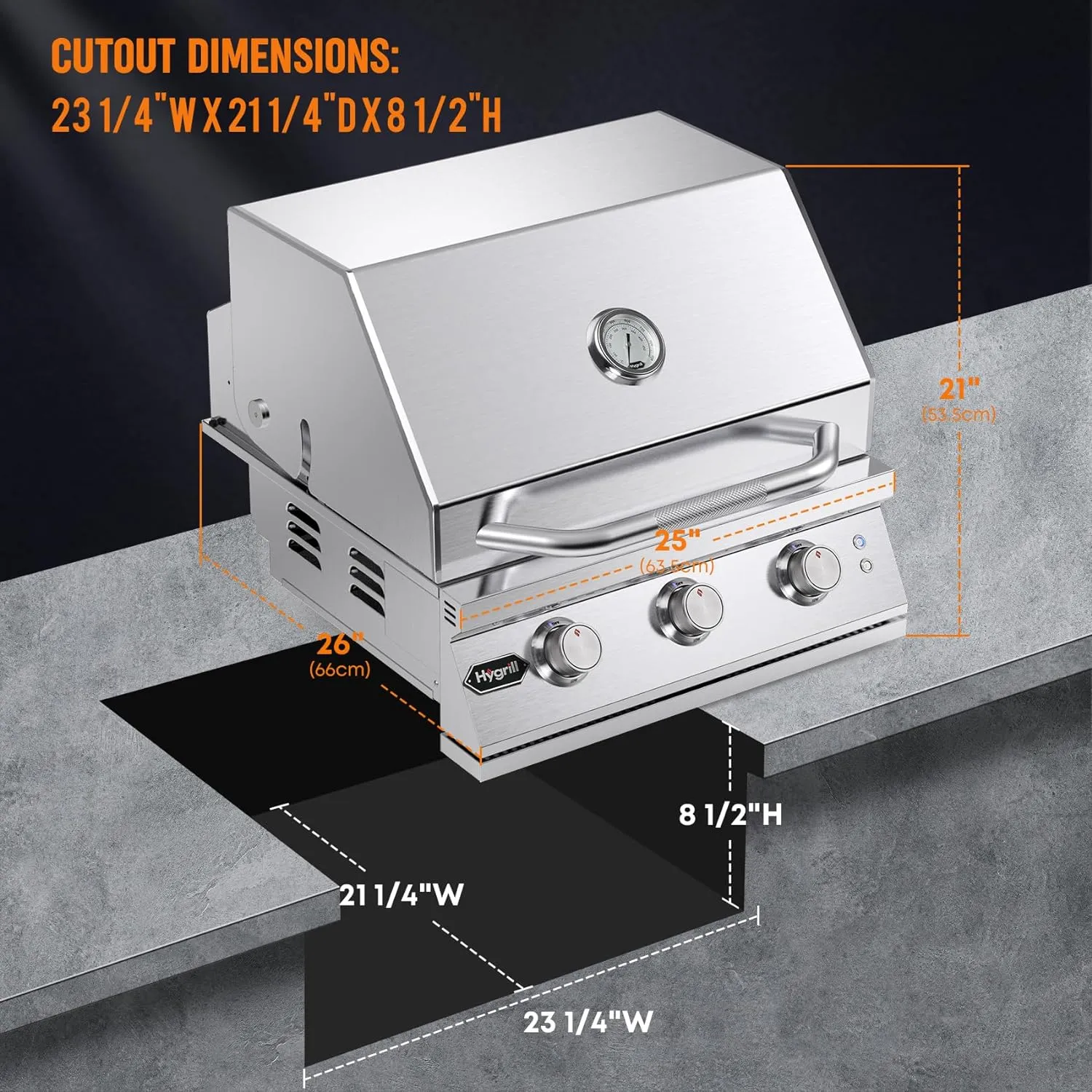 Hygrill Premium XTR 3-Burner Built In Grill, Stainless Steel Grill Head for Outdoor Kitchen and BBQ Grill Island, Heavy Duty Natural Gas Grill